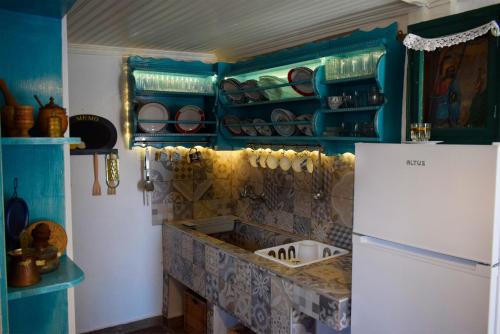 阿尔奈阿Renovated Old Manor House With Yard的厨房拥有蓝色的墙壁和白色的冰箱。