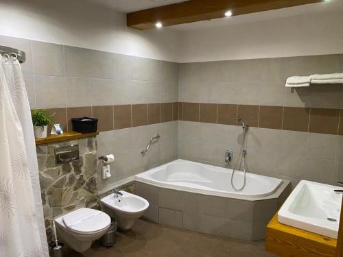 斯皮什新村维努萨旅馆的带浴缸、卫生间和盥洗盆的浴室
