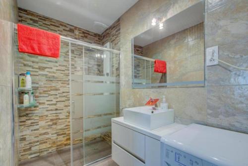 马德里Apartamento loft en plaza España - gran vía的一间带水槽和玻璃淋浴的浴室