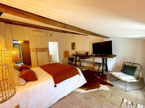艾格-莫尔特La Maison de Lyna的一间卧室配有一张床、一张书桌和一台电视