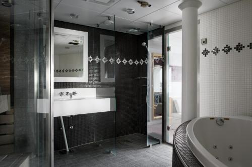 赫尔辛基Silja Line ferry - Helsinki to Stockholm的带浴缸、水槽和淋浴的浴室