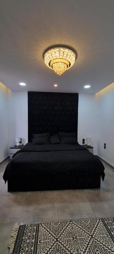 欧拉Black的一间卧室配有一张黑色的床和吊灯。