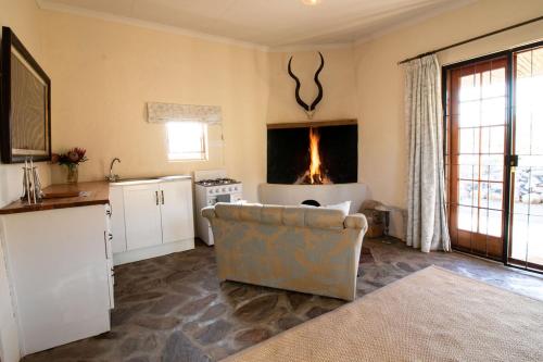 格拉夫-里内特Wild Olive Cottage的带沙发的客厅和带壁炉的厨房