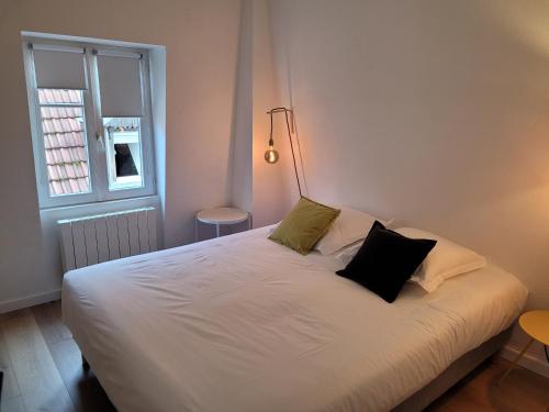 阿格诺Chaleureux 2 pièces au centre de Haguenau的卧室配有白色的床和两个枕头