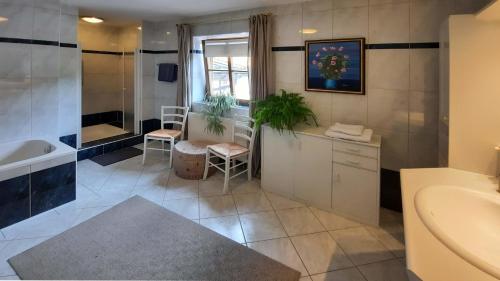 莱奥冈103 m2 Apartment EschenWald vomLandl Leogang的带浴缸、盥洗盆和卫生间的浴室