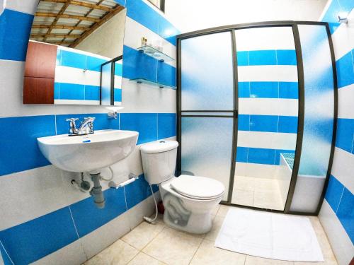伊瓦格Casa Flórez Hotel Campestre的蓝色和白色的浴室设有卫生间和水槽