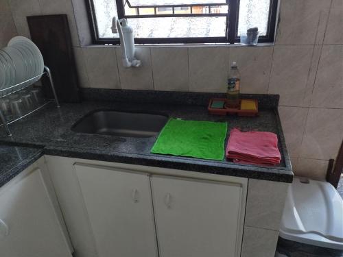 马瑙斯Quartos econômicos的厨房柜台上备有绿色和粉色的毛巾