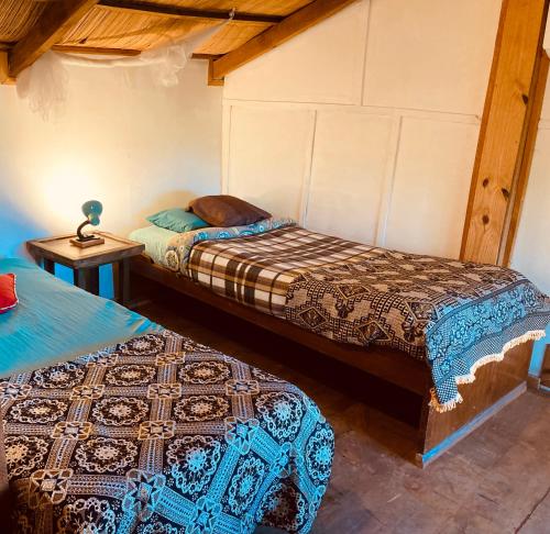 拉帕洛马Las Cabañas de Ana的一间卧室设有两张床和一张桌子上的台灯。