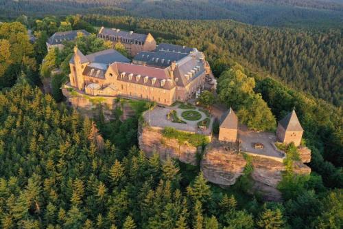 奥贝奈Le Carrousel - Appartement cosy centre Obernai的岩石层城堡的空中景观
