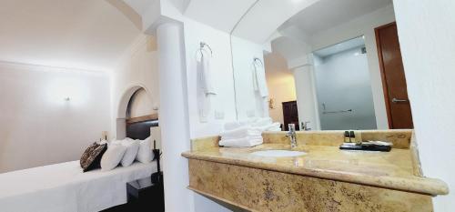 圣何塞德尔卡沃Hotel Boutique Plaza Doradas的一间带水槽和大镜子的浴室
