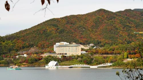 堤川市Cheongpung Resort的一座建在湖岸上的建筑,有一座桥