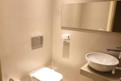 阿拉西奥Budello di Alassio, ampio appartamento con box的一间带水槽、卫生间和镜子的浴室