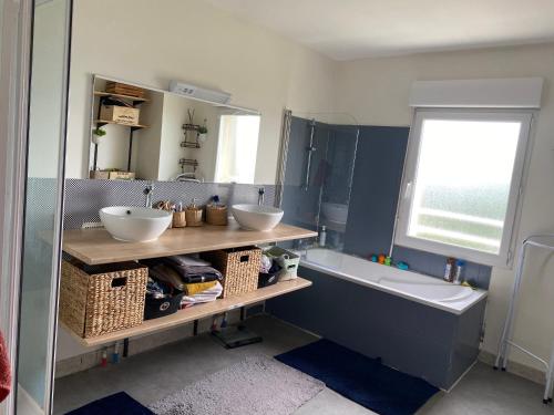 阿纳齐Maison cosy Arnage的浴室配有两个盥洗盆和浴缸。