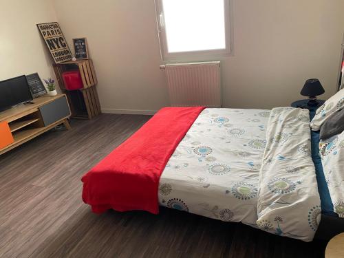阿纳齐Maison cosy Arnage的一间卧室配有一张带红色毯子的床