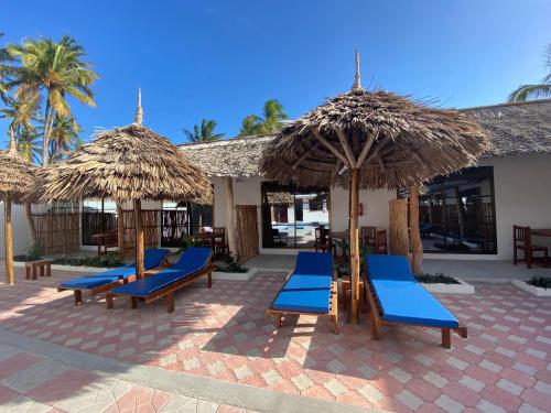 帕杰Amani Hotel Paje的蓝色椅子和稻草伞的度假村
