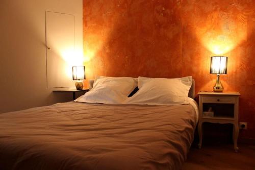 布雷斯地区布尔格Sublime appartement, chic et confortable.的一间卧室配有一张大床,上面有两盏灯