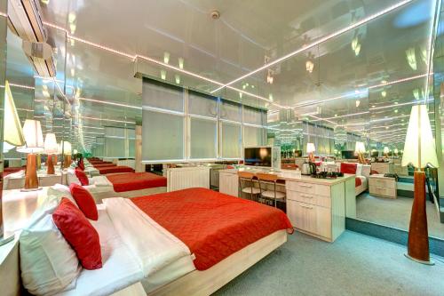 HatneTerra Nova Sport&Spa Hotel的一间带大床的卧室和一间厨房