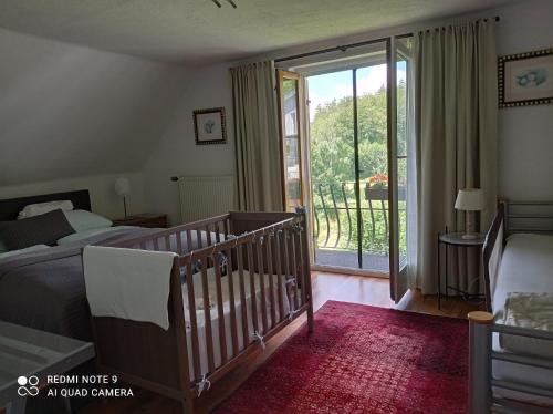 滨湖科伊查赫Ferienhaus Familie Zimmermann的一间带婴儿床和床的卧室以及一个阳台。