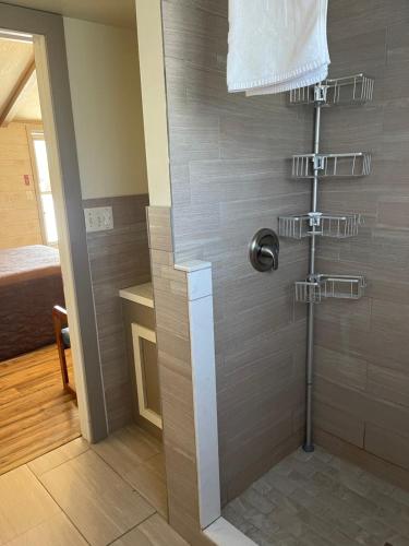格雷灵Woodland Motor Lodge的带淋浴的浴室内的淋浴间