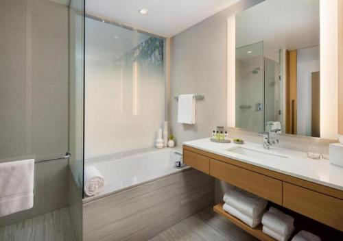 洛杉矶洛杉矶市中心洲际酒店的带浴缸、水槽和镜子的浴室