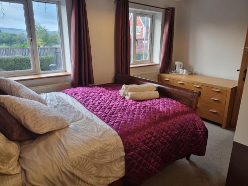 艾尔斯福德Mallard Cottage Guest House的一间卧室配有一张带紫色棉被的床和两个窗户。