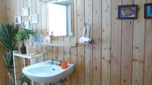 气仙沼市Kyukamura Kesennuma-Ohshima的浴室设有水槽和木墙镜子