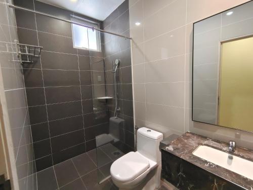 马六甲Hotel MetraSquare的一间带卫生间、水槽和镜子的浴室
