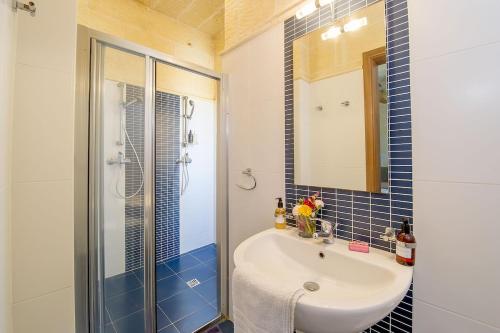 加拉Hanini Holiday Home的浴室配有盥洗盆和带镜子的淋浴