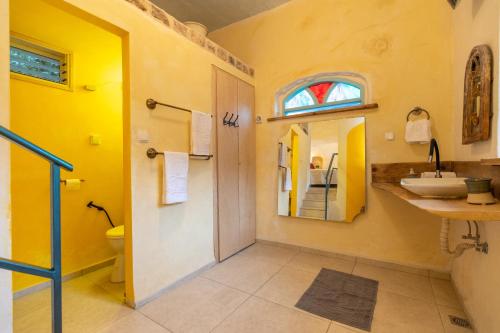 罗什平纳הפינה שלה -Hapina shella ראש פינה העתיקה的一间带水槽和卫生间的浴室以及窗户。