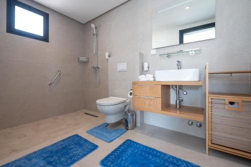阿加迪尔Villa Palmeraie Golf Agadir的浴室设有水槽和蓝色地毯的卫生间。