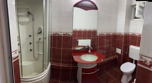 皮特什蒂Cozy Villa的一间带红色水槽和淋浴的浴室