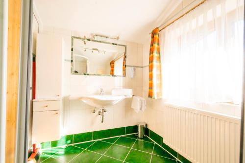 斯拉德明Stallhäusl的一间带水槽和绿色地板的浴室