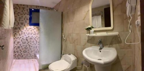 吉赞فندق البروج的一间带水槽、卫生间和淋浴的浴室