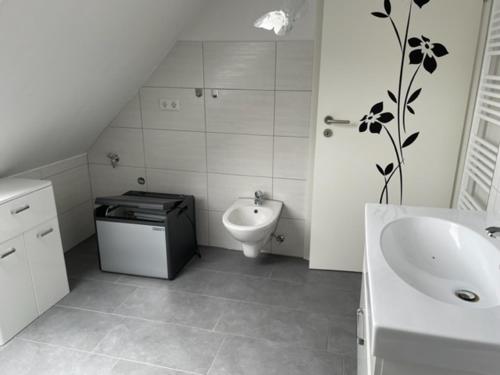 施马伦贝格Ferienwohnung Wilzenbergblick的白色的浴室设有水槽和卫生间。