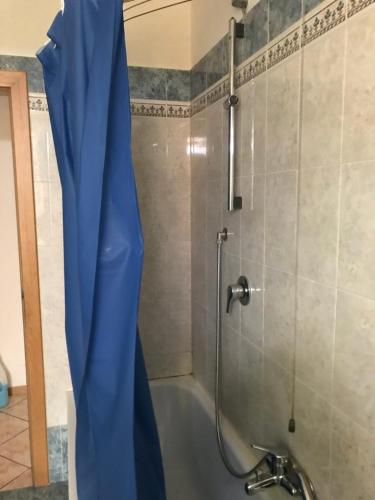 马累Casa Stablum的浴室内配有蓝色淋浴帘