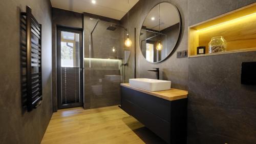 新松奇BLACK ROCKS domki na wynajem的一间带水槽和镜子的浴室