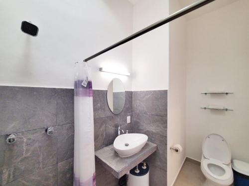 科苏梅尔Quinta Suites的一间带水槽、卫生间和镜子的浴室