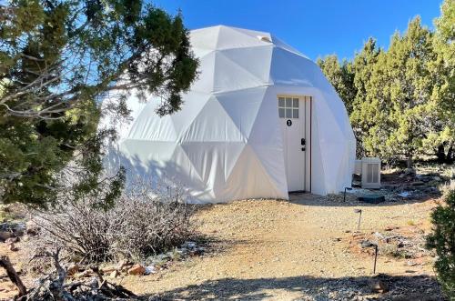 蒙蒂塞洛Blue Mountain Domes - The WOW Experience的一座大型的白色圆顶房屋,在田野上有一扇门
