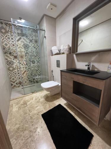 卡萨布兰卡Appartement Morillon 47 ou 39 au quartier Maarif的浴室配有卫生间、盥洗盆和淋浴。