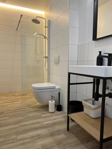 加茨比亚格拉Apartamenty HELIOS的带淋浴、卫生间和盥洗盆的浴室