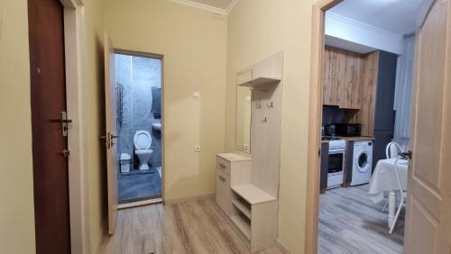 阿拉木图Mega Apart in Almaty的客房设有带2个卫生间的浴室和厨房。