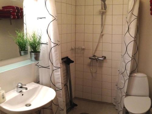 海宁海宁城市公寓的带淋浴、水槽和卫生间的浴室