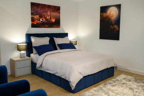 萨图马雷Hotel Vila Discret的卧室配有蓝色的床和墙上的绘画作品