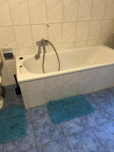 锡根Siegen Achenbach 4的浴室设有浴缸,配有2个蓝色地毯