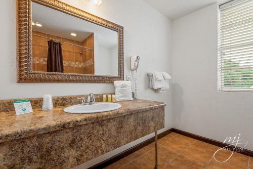 哈里森Hotel Seville的一间带水槽和镜子的浴室