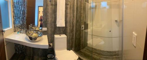 塔里哈HOTEL INNOVA的带淋浴、卫生间和盥洗盆的浴室