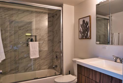 芝加哥McCormick Place beautiful 3br-2b that sleeps 8 guests with Patio, skyline view, Optional Parking and Gym access的带淋浴、卫生间和盥洗盆的浴室