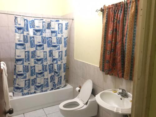 蒙特哥贝Tropical Court Hotel的浴室设有卫生间、水槽和淋浴帘
