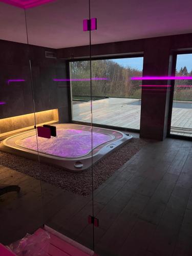 LoučoviceVila Dvorečná的一间带浴缸的浴室,位于一间紫色照明的房间