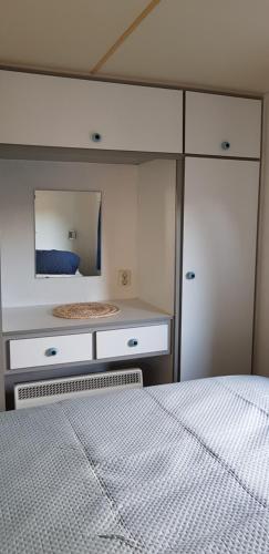 OoltgensplaatCarafun aan het water Ooltgensplaat的一间卧室配有一张床和一个带镜子的梳妆台